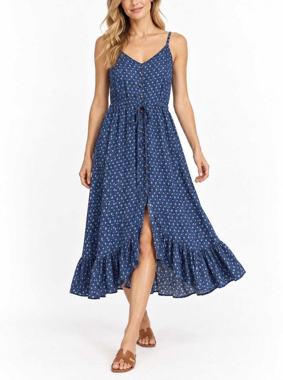 Rewind Blue Print High Low Maxi Dress Small Button Front Ruffle Boho Rayon